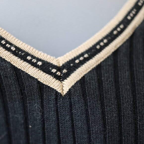 City Silk Vintage Black Pullover Sweater Beige Trim Flared Sleeve Y2K Large - Picture 5 of 14